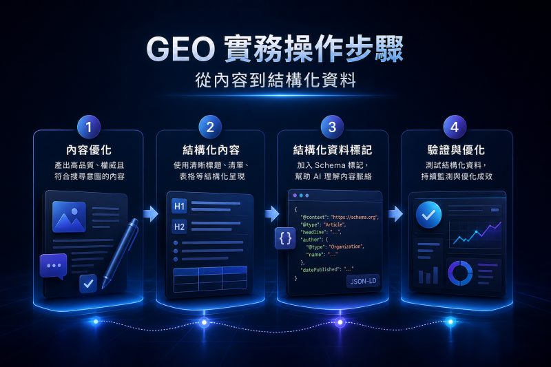 GEO 實務操作步驟：從內容到結構化資料｜GEO 是什麼 說明圖